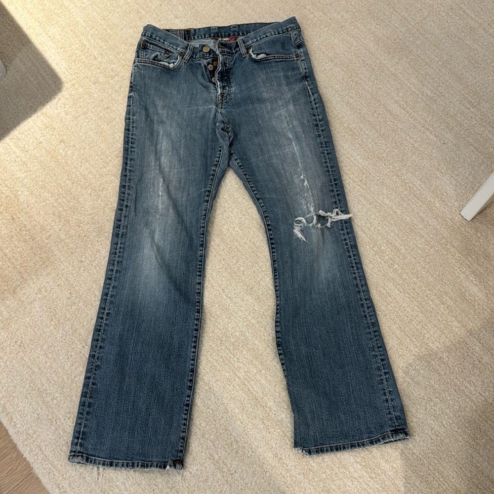 Lucky brand jeans well worn very soft, easy rider size 12/31, ripped knees/hems